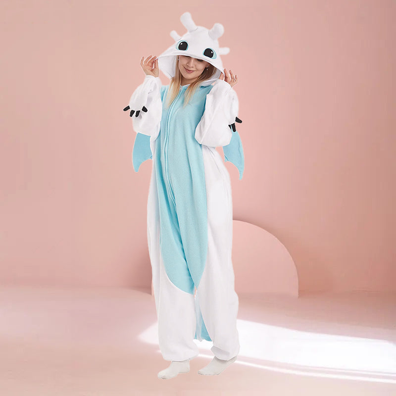 Adult White Dragon Onesie Kigurumi in cozy fleece fabric, featuring playful wings and tail. Perfect for lounging or costume fun.
