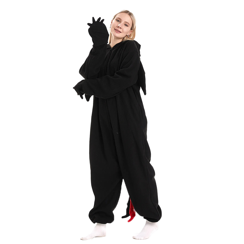 Adult black dragon onesie kigurumi with claw gloves, wings, and tail. Perfect dragon onesie for kigurumi fans seeking comfort and playful style