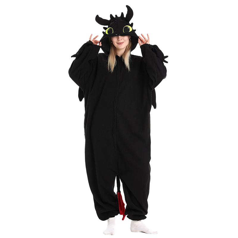 Black dragon onesie kigurumi with detailed hood, wings, and tail, modeled on a transparent background. Ideal for dragon onesie and kigurumi fans