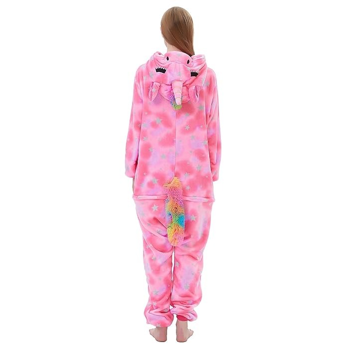 Pink unicorn onesie for adults back view – cozy fleece loungewear with rainbow tail.