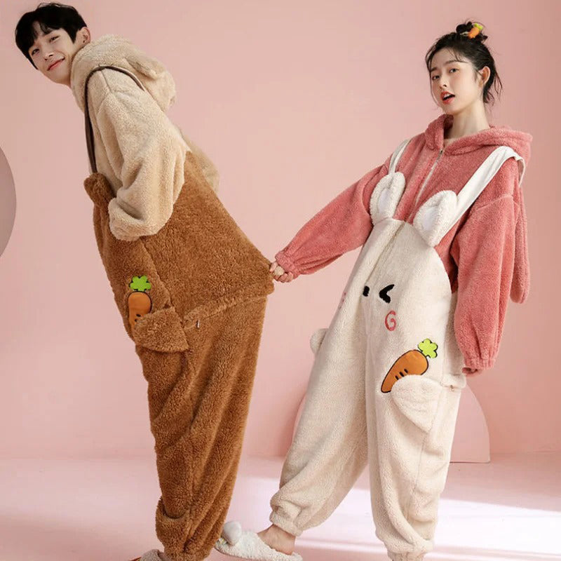 Adult bear and bunny onesies in matching kigurumi style, cozy fleece loungewear perfect for couples