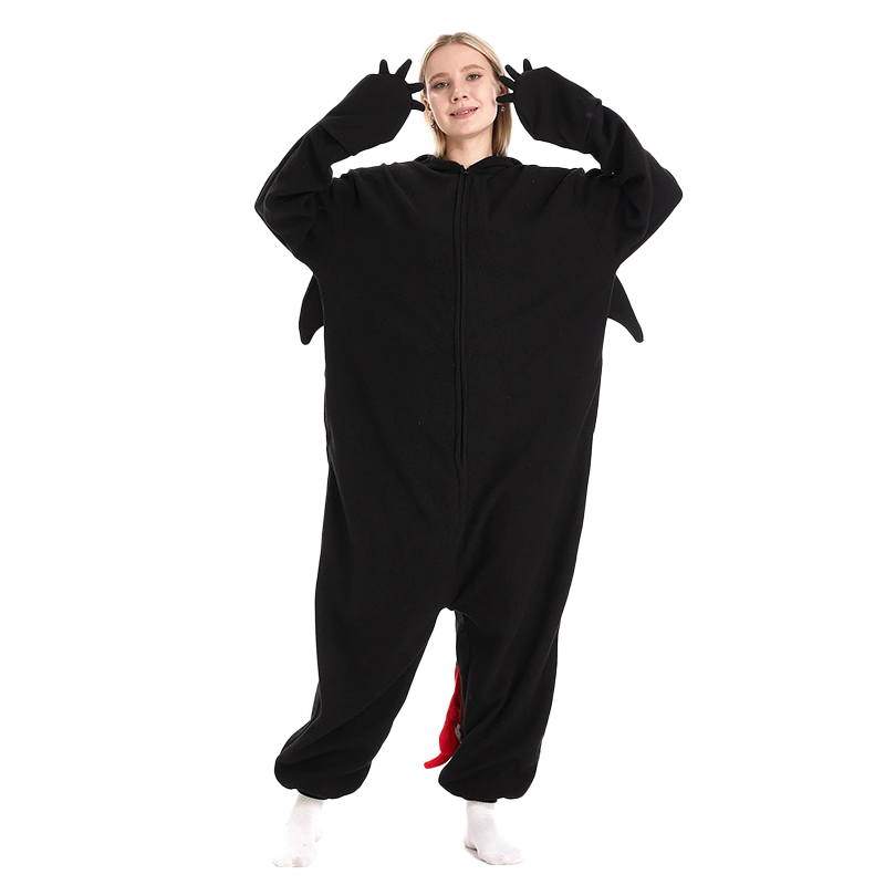 Full-body shot of Black Dragon Kigurumi onesie with wings and tail