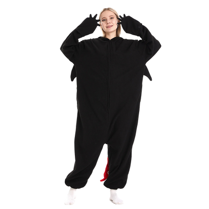 Full-body shot of Black Dragon Kigurumi onesie with wings and tail