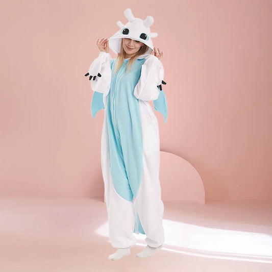 Adult White Dragon Kigurumi Onesie in cozy fleece fabric, featuring playful wings and tail. Perfect for lounging or costume fun.