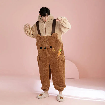 Adult bear onesie in cozy fleece, featuring a cute teddy bear design and kigurumi style, perfect for lounging or as a matching couple onesie