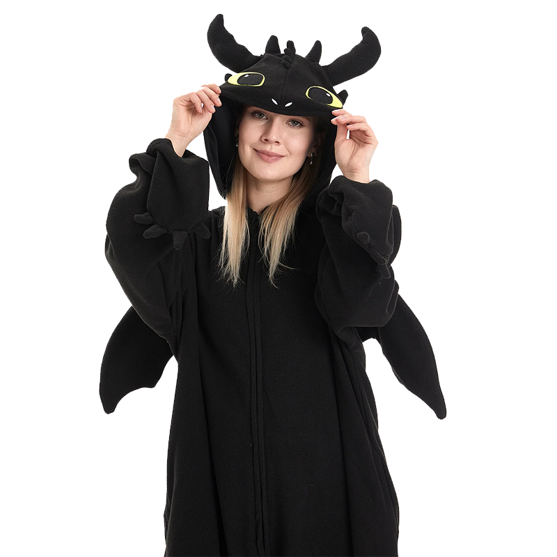 Close-up of Black Dragon Kigurumi hood with dragon eyes, ears, and horns