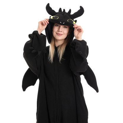 Close-up of Black Dragon Kigurumi hood with dragon eyes, ears, and horns