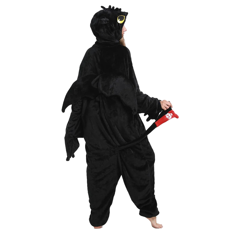 Back view of Black Dragon Kigurumi showing wings and tail details