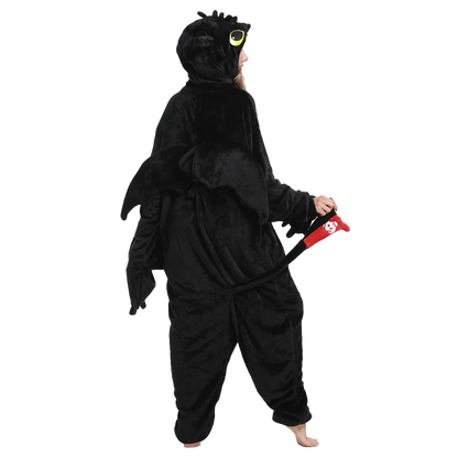 Back view of Black Dragon Kigurumi showing wings and tail details