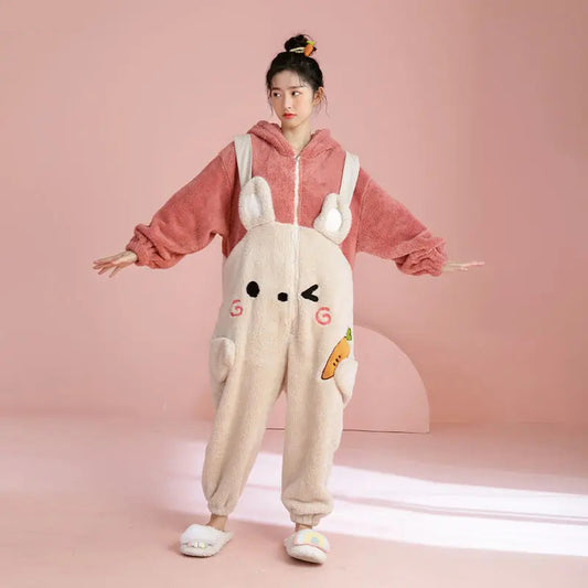 Adult bunny onesie in soft fleece, featuring a cute rabbit design in kigurumi style, perfect for lounging or as a matching couple onesie