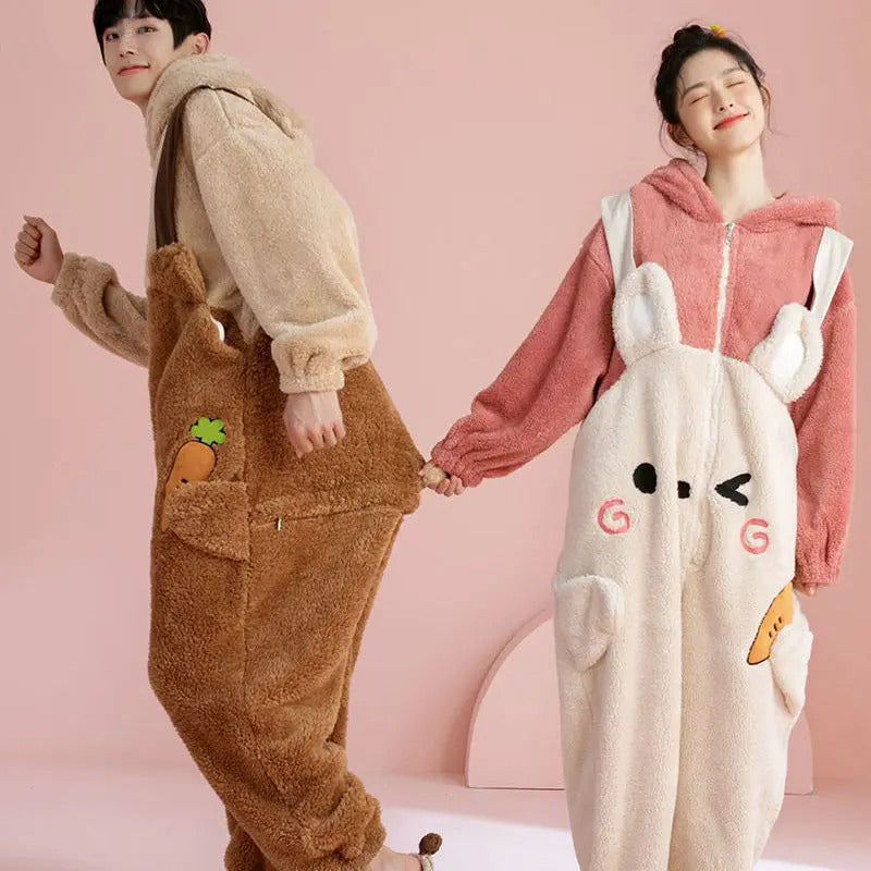 Matching bear and bunny onesies for couples, cozy adult kigurumi loungewear in soft fleece, perfect for fun and comfort