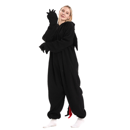 Black Dragon Kigurumi onesie showing cozy fleece material and dragon claws