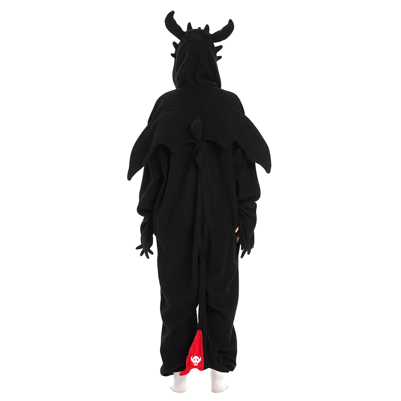 Back view full-body shot of Black Dragon Kigurumi onesie with wings, tail and hood