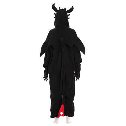 Back view full-body shot of Black Dragon Kigurumi onesie with wings, tail and hood