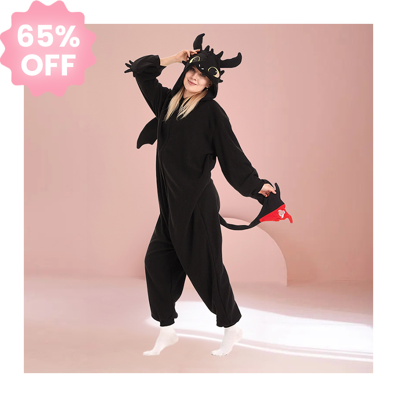 Front view of Black Dragon Kigurumi onesie with hood, wings, and tail