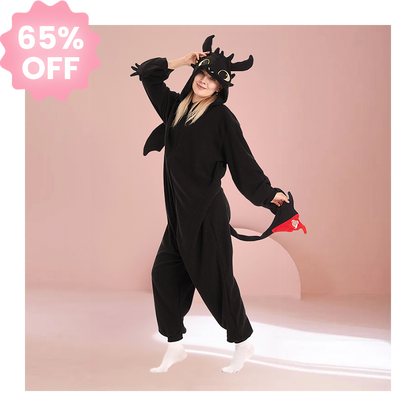 Front view of Black Dragon Kigurumi onesie with hood, wings, and tail