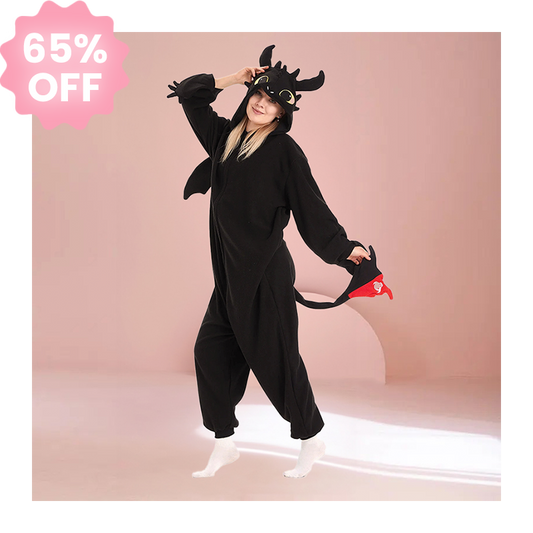 Front view of Black Dragon Kigurumi onesie with hood, wings, and tail