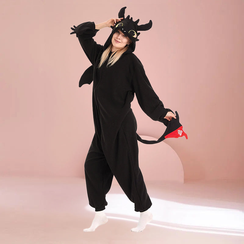 Front view of Black Dragon Kigurumi onesie with hood, wings, and tail