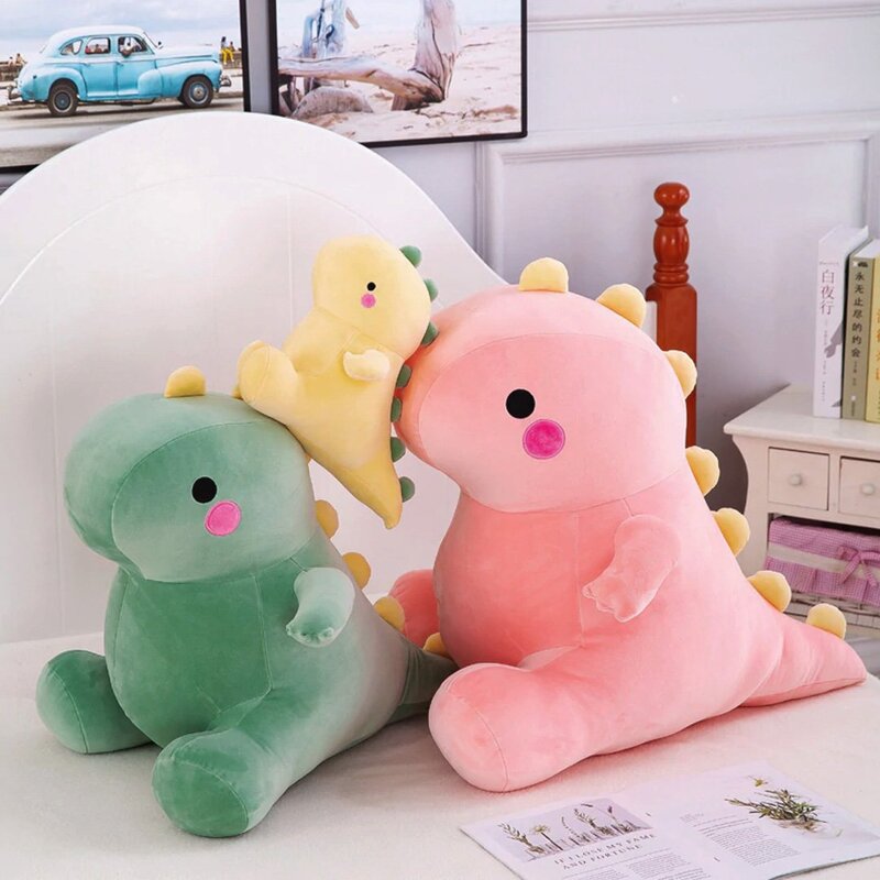 Octoplush Kawaii collection of soft and squishable dinosaur plushies in pastel green, pink, and yellow. This group of cute dino stuffed animals from Octoplush.store features large and small sizes with signature yellow spikes and rosy cheeks, perfect for aesthetic bedroom decor and birthday gifts.