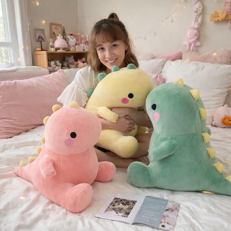 Octoplush Kawaii collection of soft and squishable dinosaur plushies in pastel pink, yellow, and green. A woman hugs a medium yellow dino on a cozy bed, surrounded by a large green dinosaur and a small pink stuffed animal. Perfect for aesthetic room decor, these cute Octoplush.store dino toys feature rosy cheeks and yellow spikes.