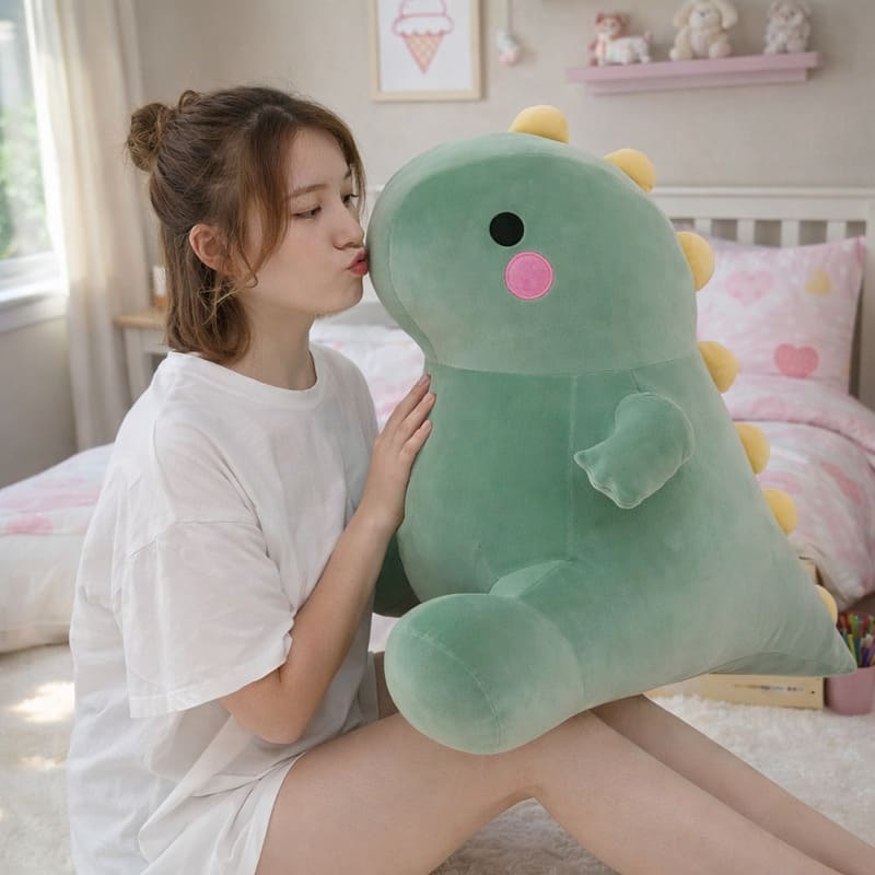 Octoplush Kawaii collection large green dinosaur plushie being hugged in a cozy pastel bedroom. This soft and squishable jumbo dino stuffed animal from Octoplush.store features yellow spikes and pink cheeks, making it a cuddly companion for aesthetic room decor and the perfect gift for plushie lovers.