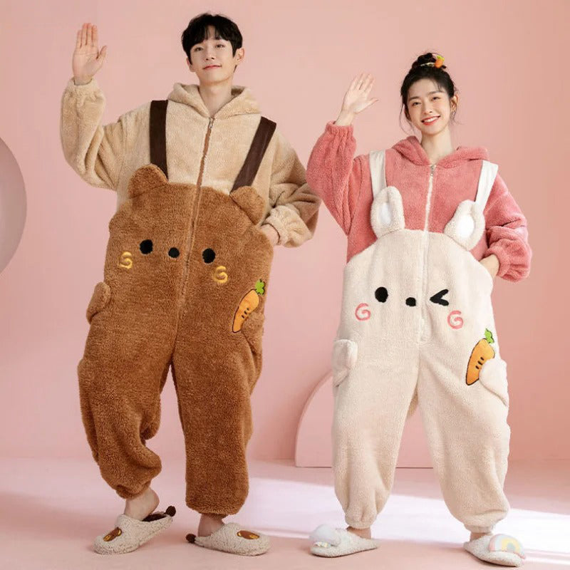 Matching bear and bunny onesies for couples in cozy fleece, perfect adult kigurumi loungewear for comfort and fun.