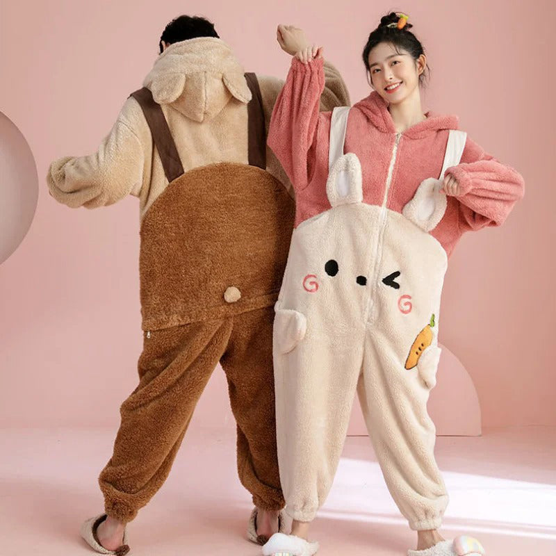 Back view of matching bear and bunny onesies for couples, cozy adult kigurumi loungewear in soft fleece, perfect for lounging.