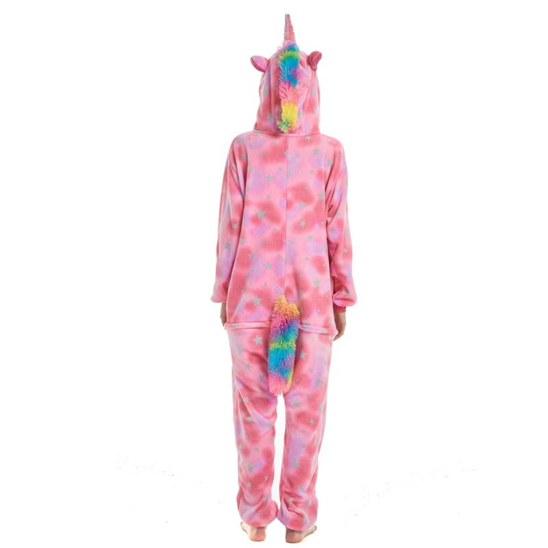 Back view of pink fleece unicorn onesie with hood, horn, and colorful mane detail.