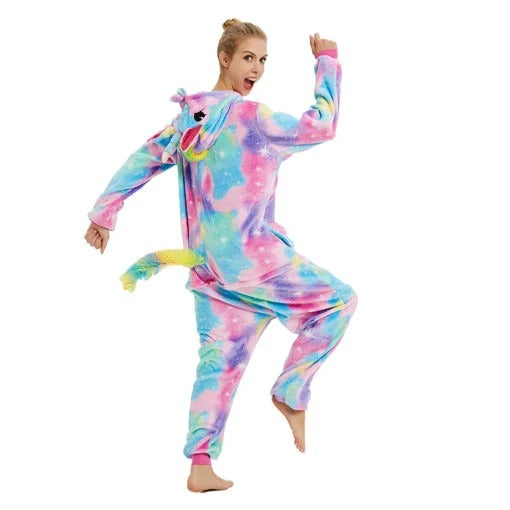 Colorful fleece unicorn onesie for adults featuring rainbow tail and star pattern design.