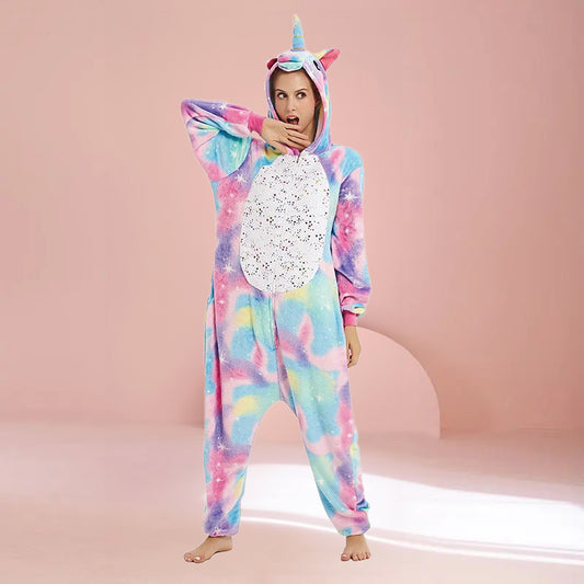 Adult unicorn onesie front view with star chest print and rainbow pastel colors.