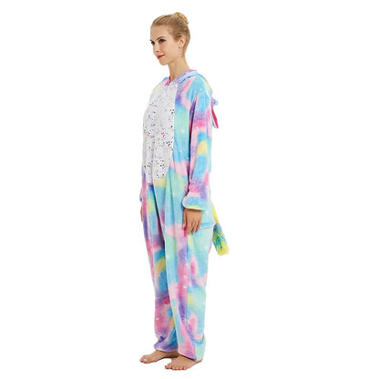 Unicorn kigurumi onesie for adults side view – soft fleece rainbow loungewear.