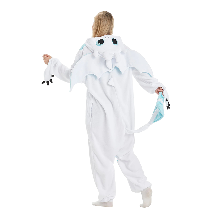 Back view of White Dragon Kigurumi onesie showing wings and tail