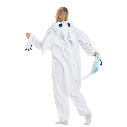 Back view of White Dragon Kigurumi onesie showing wings and tail