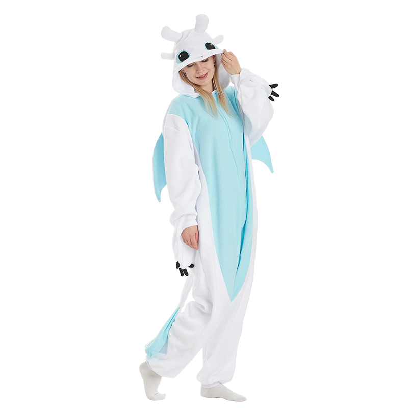 Full-body shot of White Dragon Kigurumi onesie with wings and tail