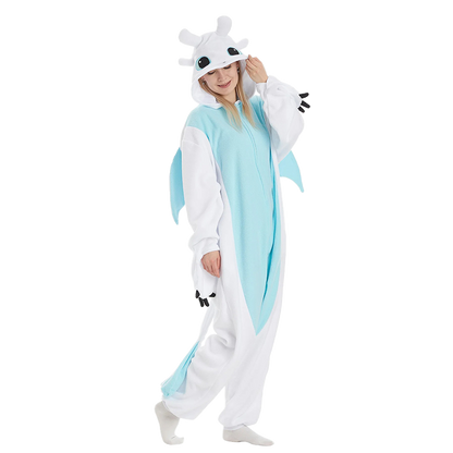 Full-body shot of White Dragon Kigurumi onesie with wings and tail