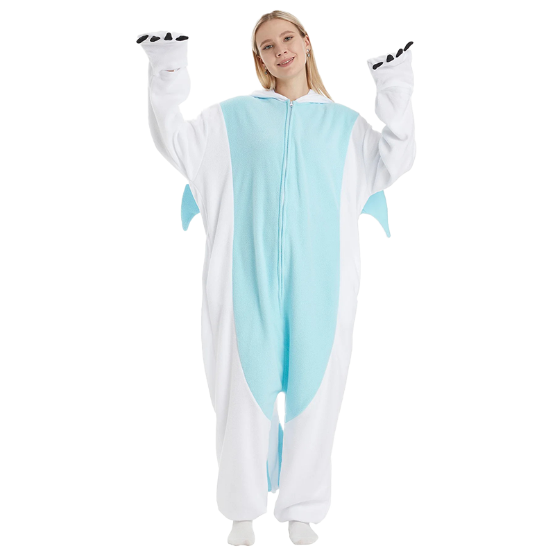 White Dragon Kigurumi onesie with claws up, showing cozy fleece material