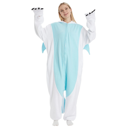 White Dragon Kigurumi onesie with claws up, showing cozy fleece material