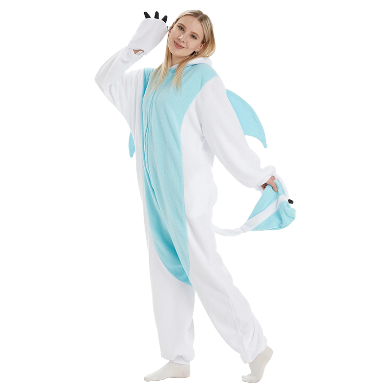 Playful pose in White Dragon Kigurumi with wings and tail