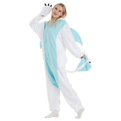 Playful pose in White Dragon Kigurumi with wings and tail