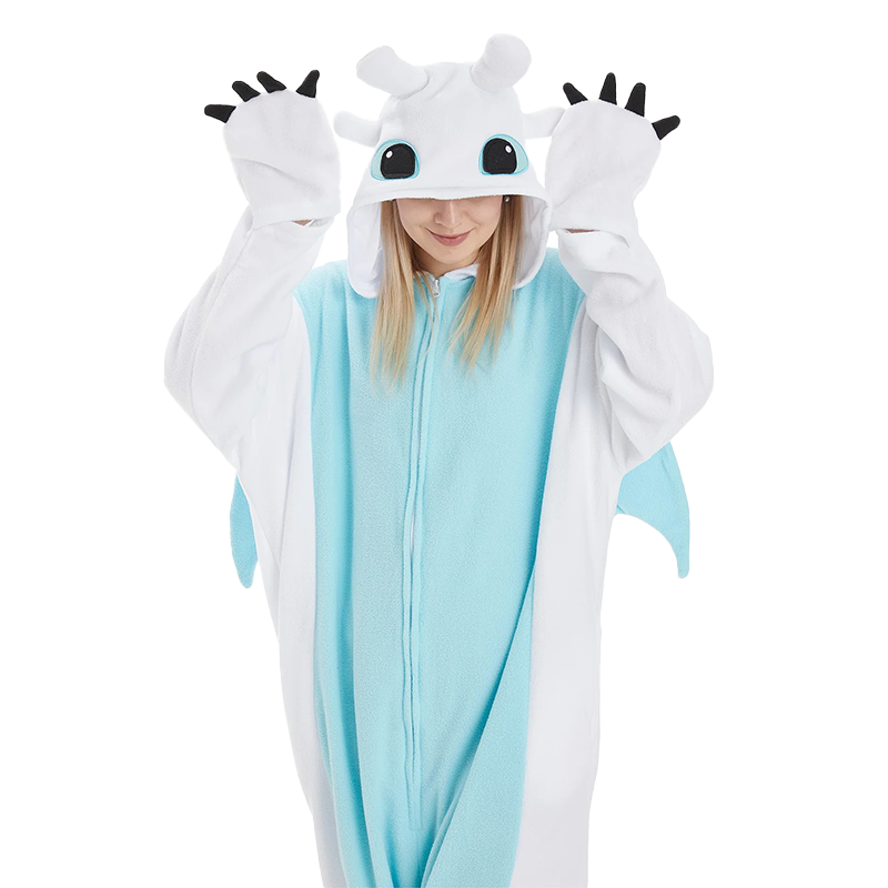 White Dragon Kigurumi onesie with claw gloves displayed