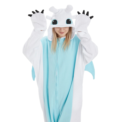 White Dragon Kigurumi onesie with claw gloves displayed